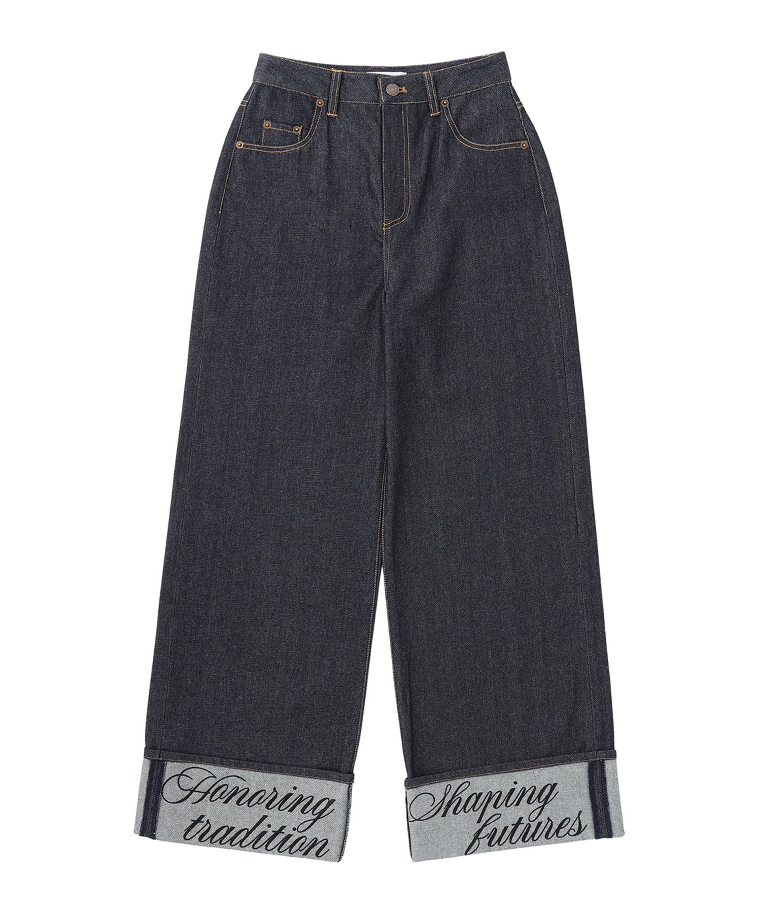 Wide straight h/w turn back denim pants