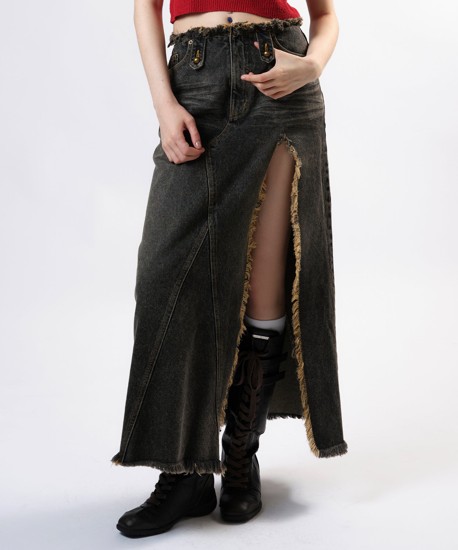 フロントスリットダメージデニムロングスカート