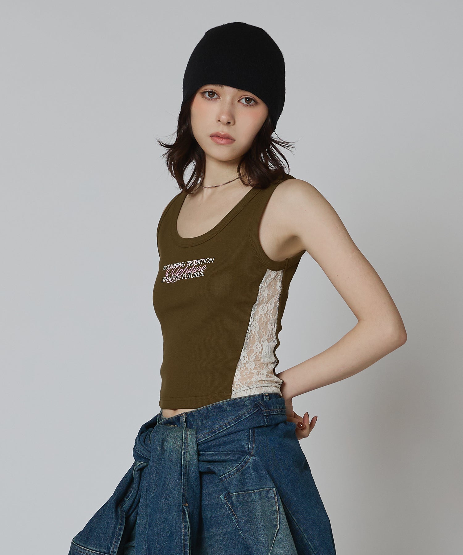 【Up Future】エンブロイダリーサイドレースリブタンク