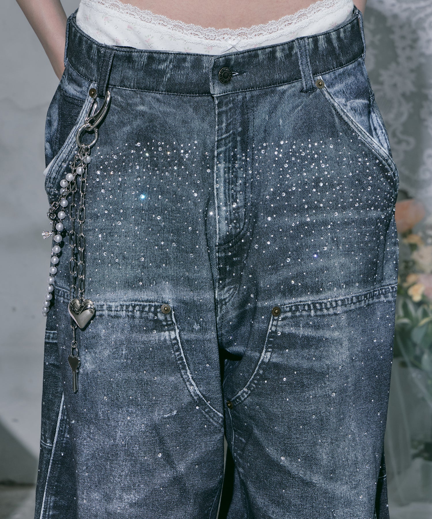 Printed Sweatpants – Double Knee Denim Rhinestone