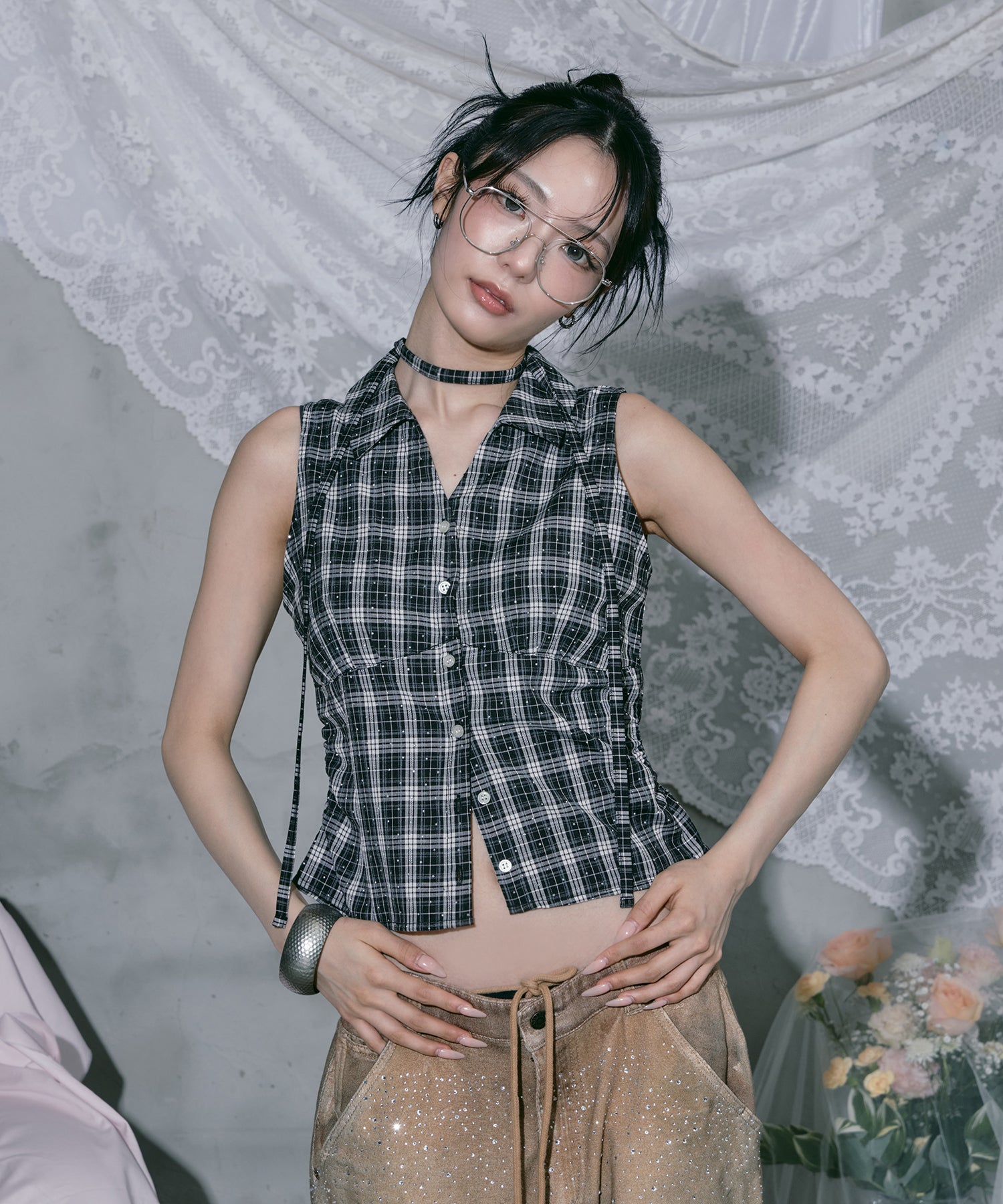 Rhinestone Sleeveless Check Shirt