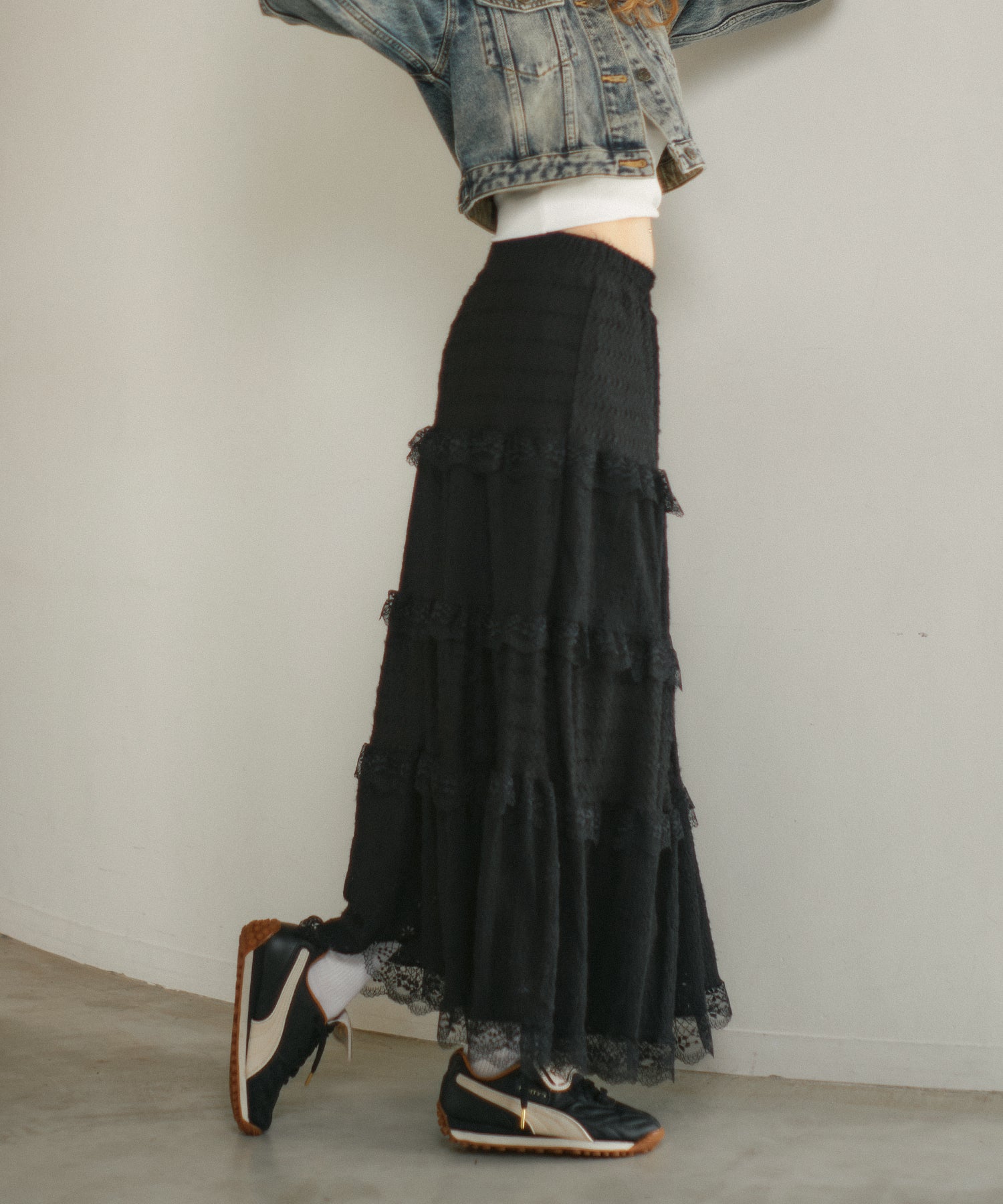 Switching lace long skirt