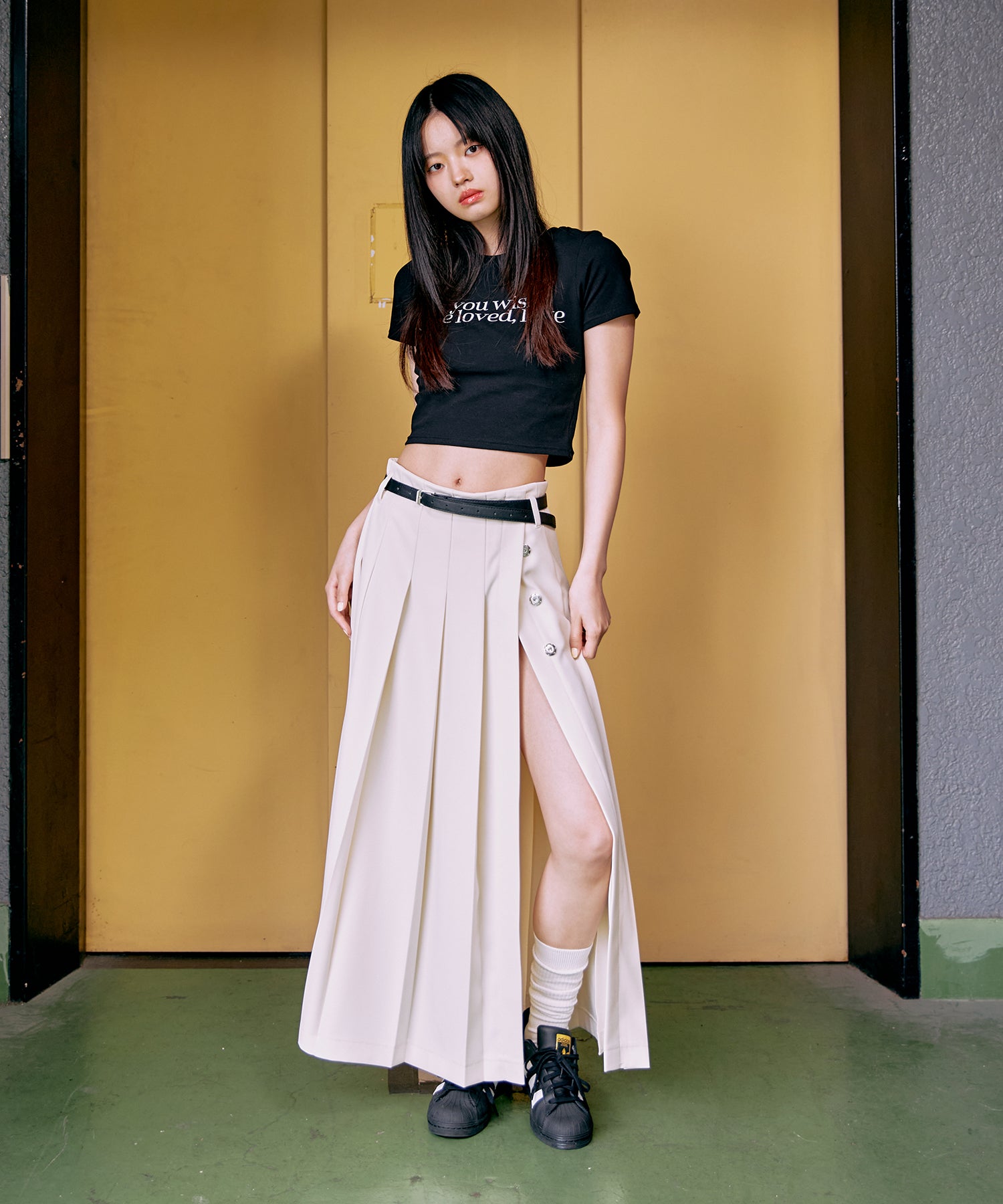 Pleats wrap long skirt