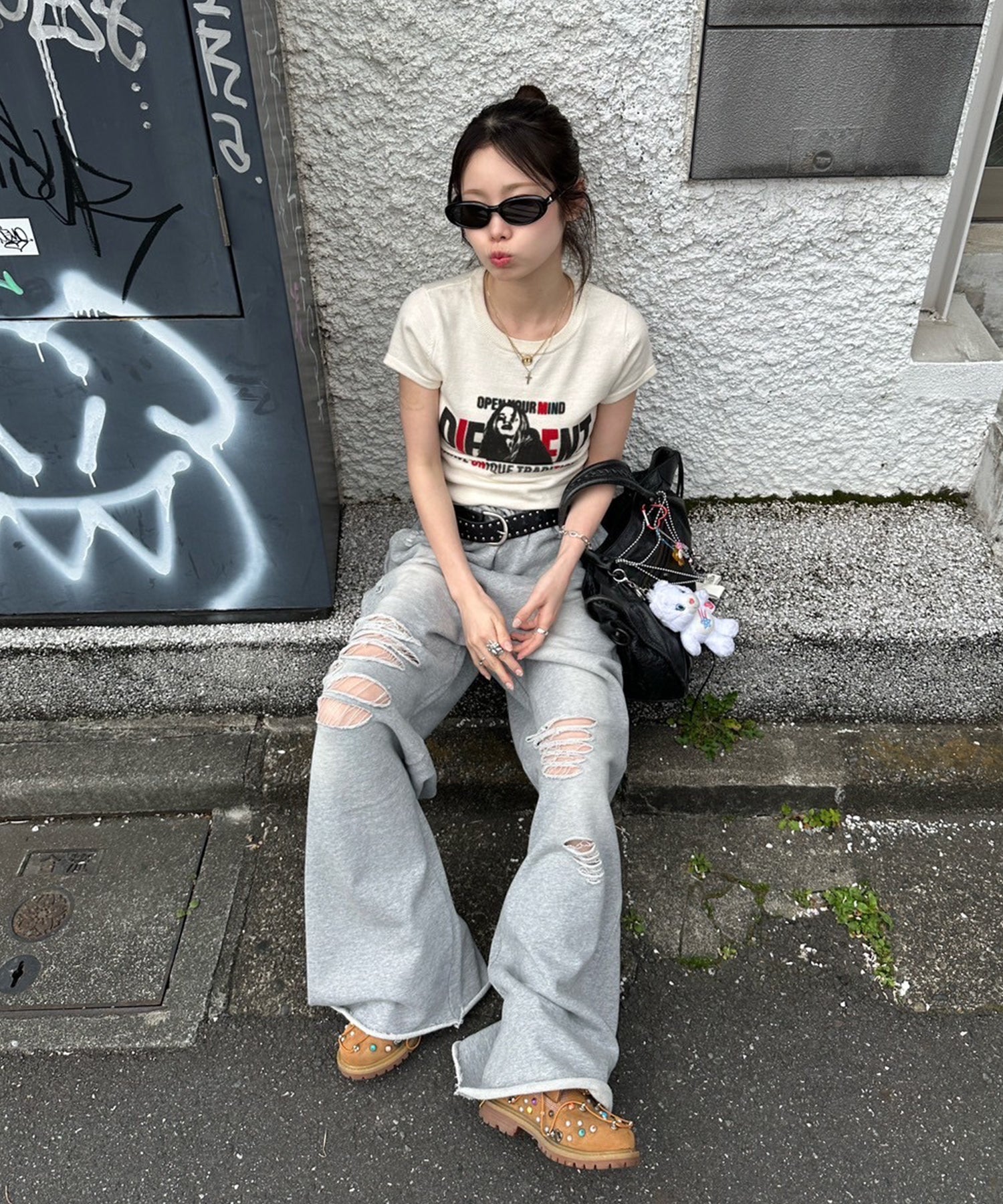 ACLENT グラフィックプリントハーフスリーブニットトップ グラフィックプリントハーフスリーブニットトップ（ニット