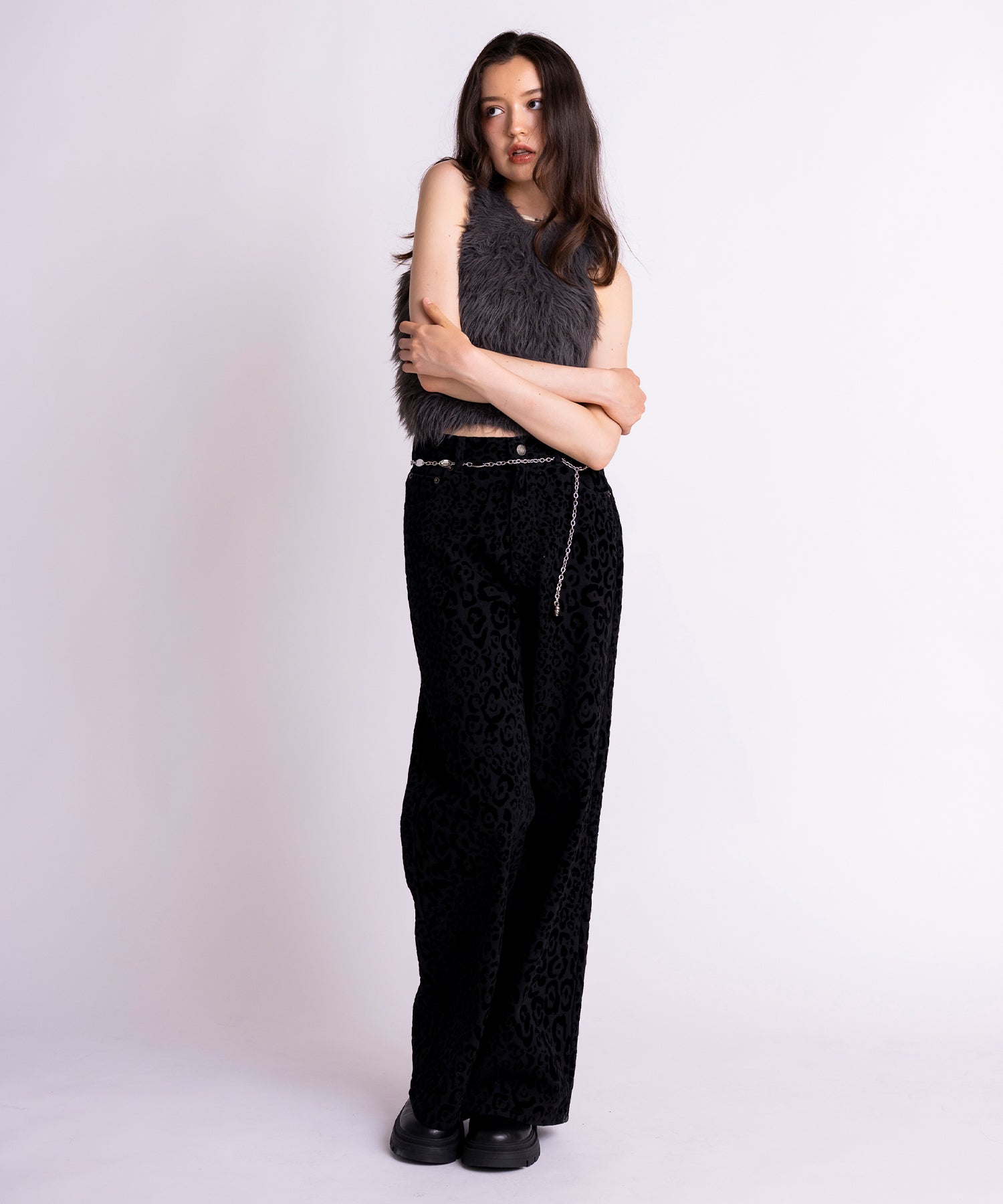 aclent ヴィンテージレオパードストレートパンツ フロッキーレオパードJ/Wワイドストレートパンツ｜ACLENT