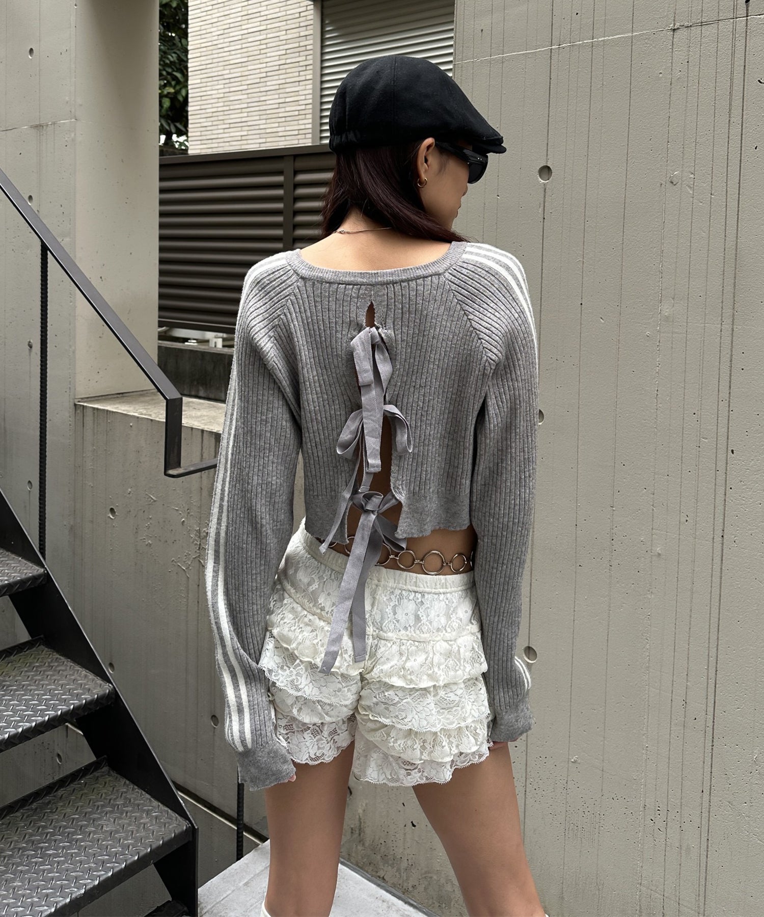 Back ribbon rib knit tops