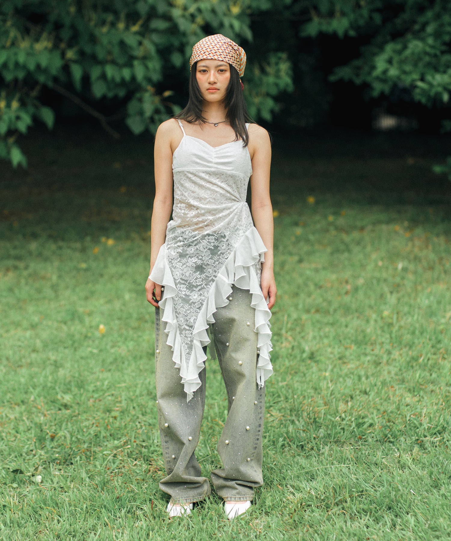 CECILIE BAHNSEN フリルレース アシメトリーキャミ 白 M/L おっきかっ