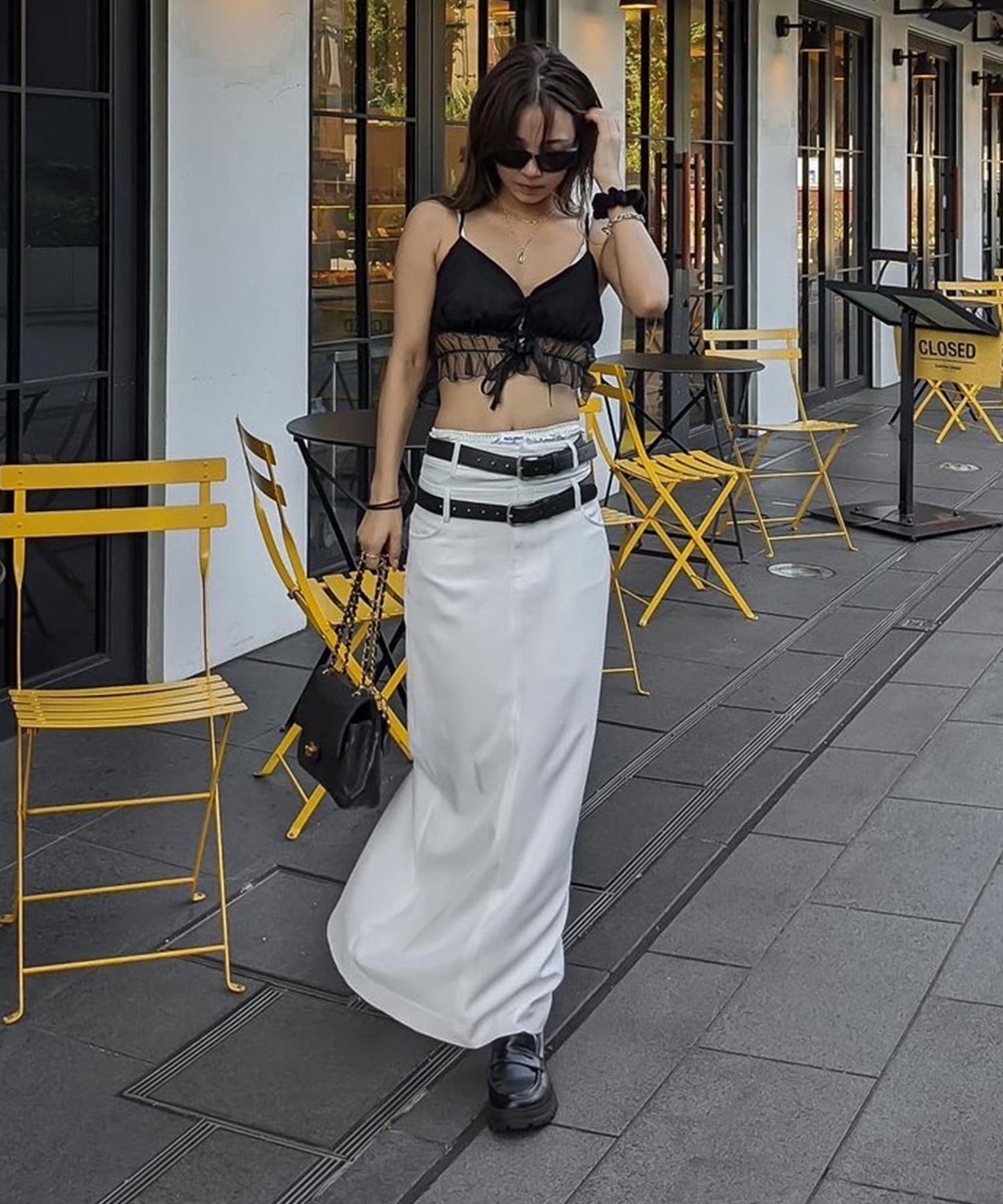 Double belt layered long skirt