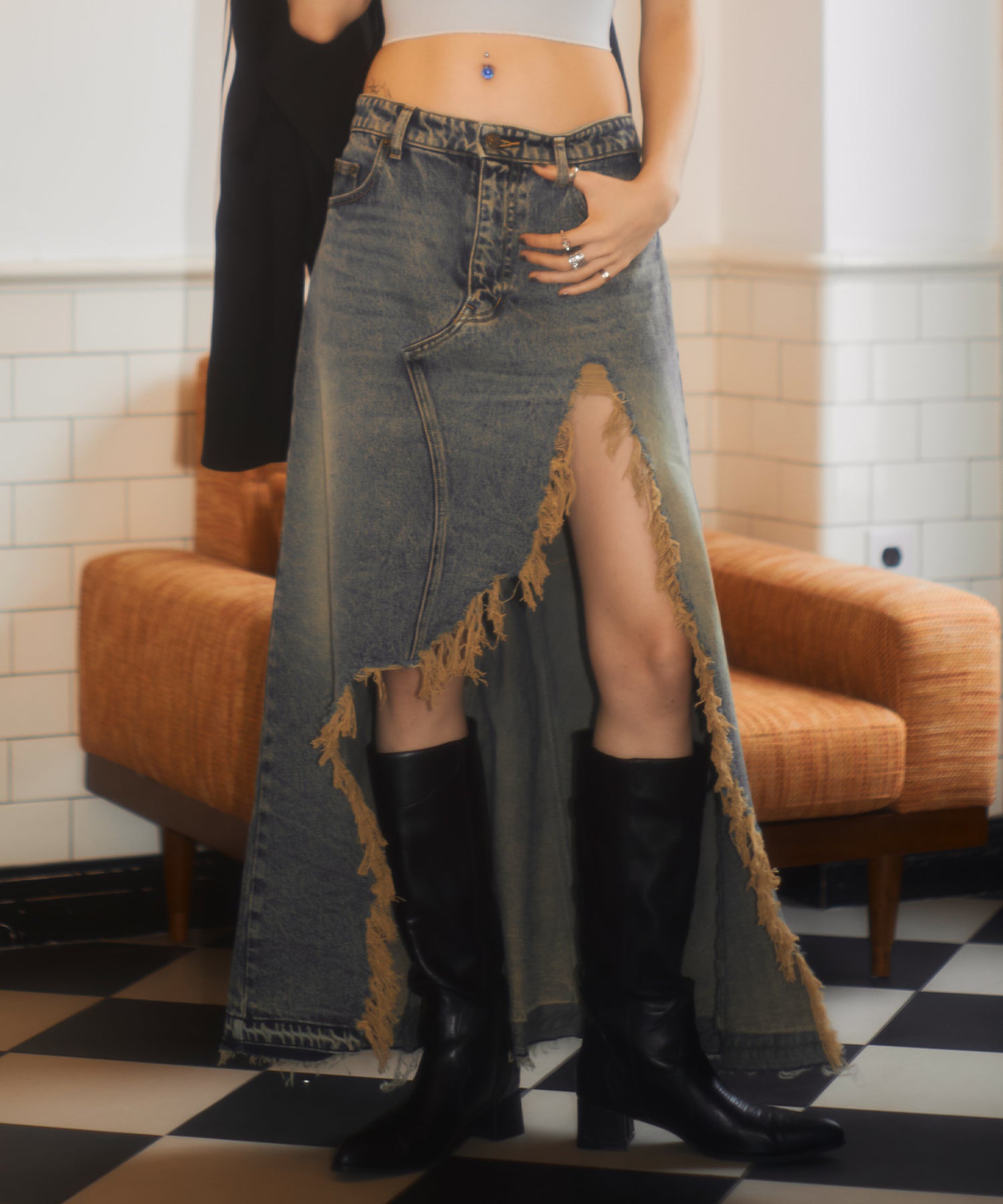 Vintage damage denim long skirt