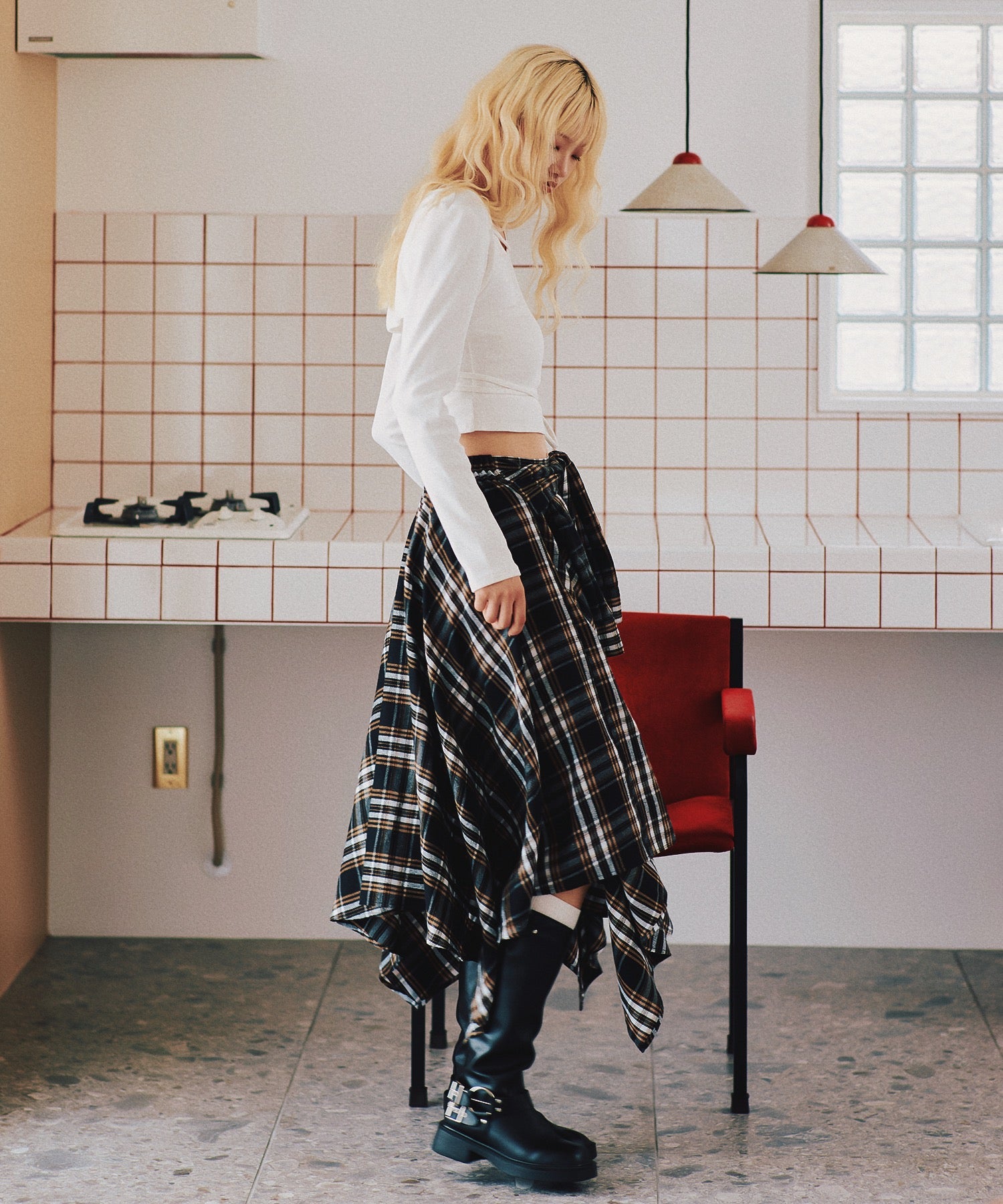 Asymmetry check long skirt