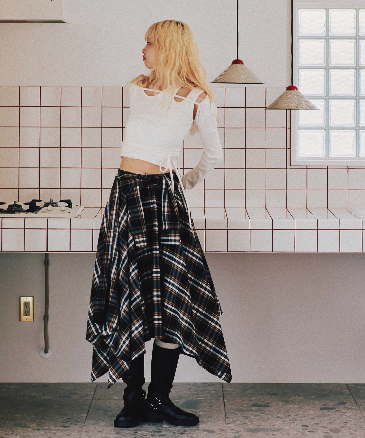 Asymmetry check long skirt