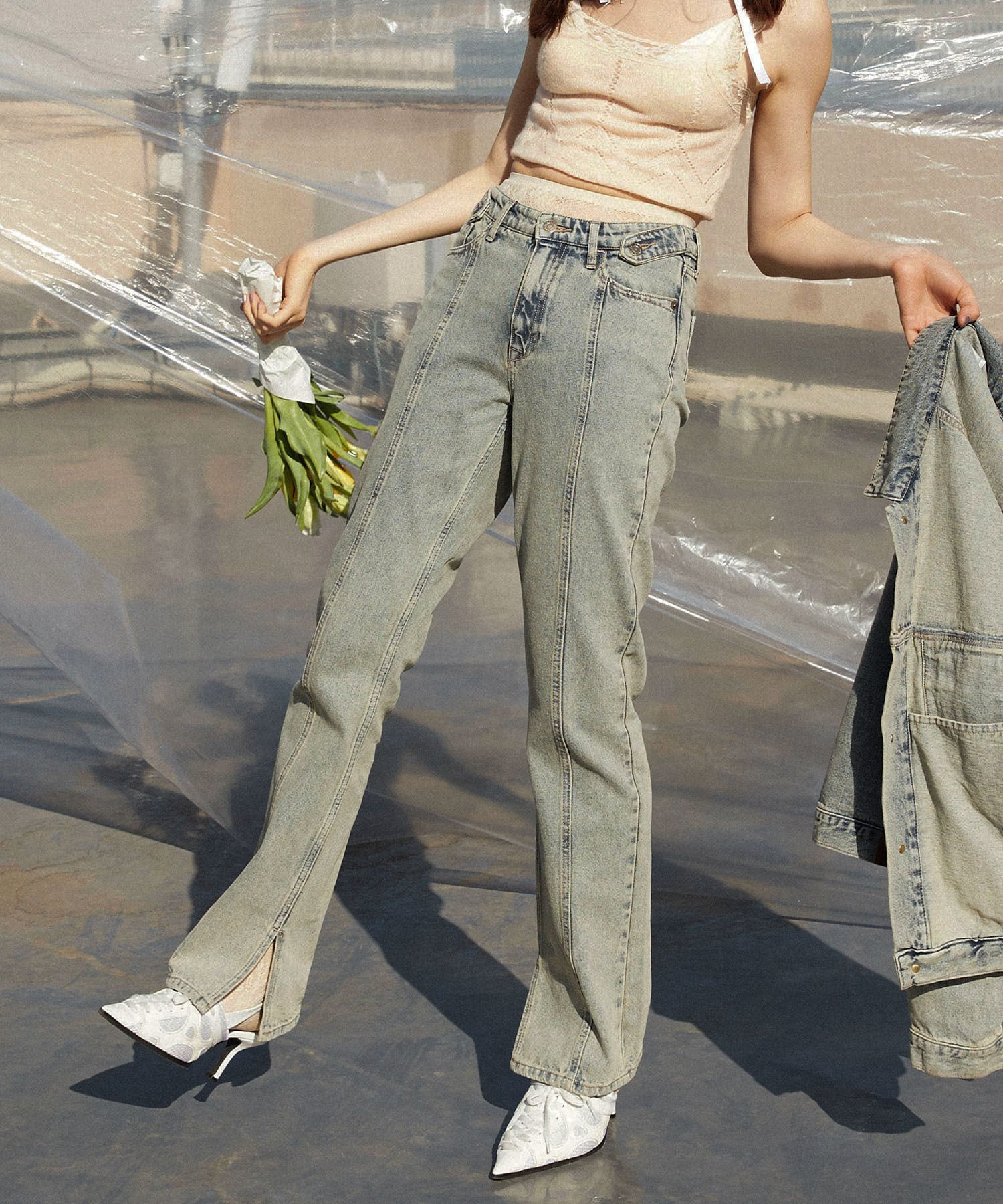 Vintage Wash Mid Rise Split Hem Jeans