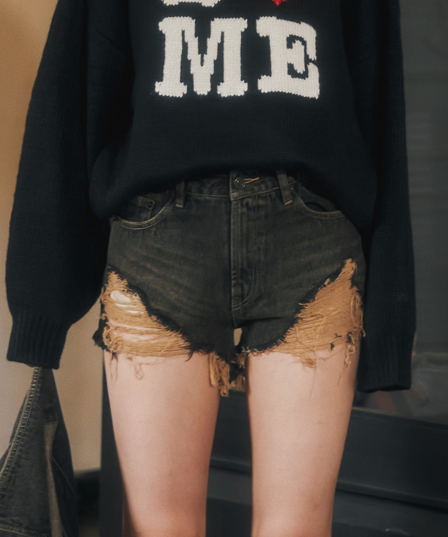 Damage denim short pants