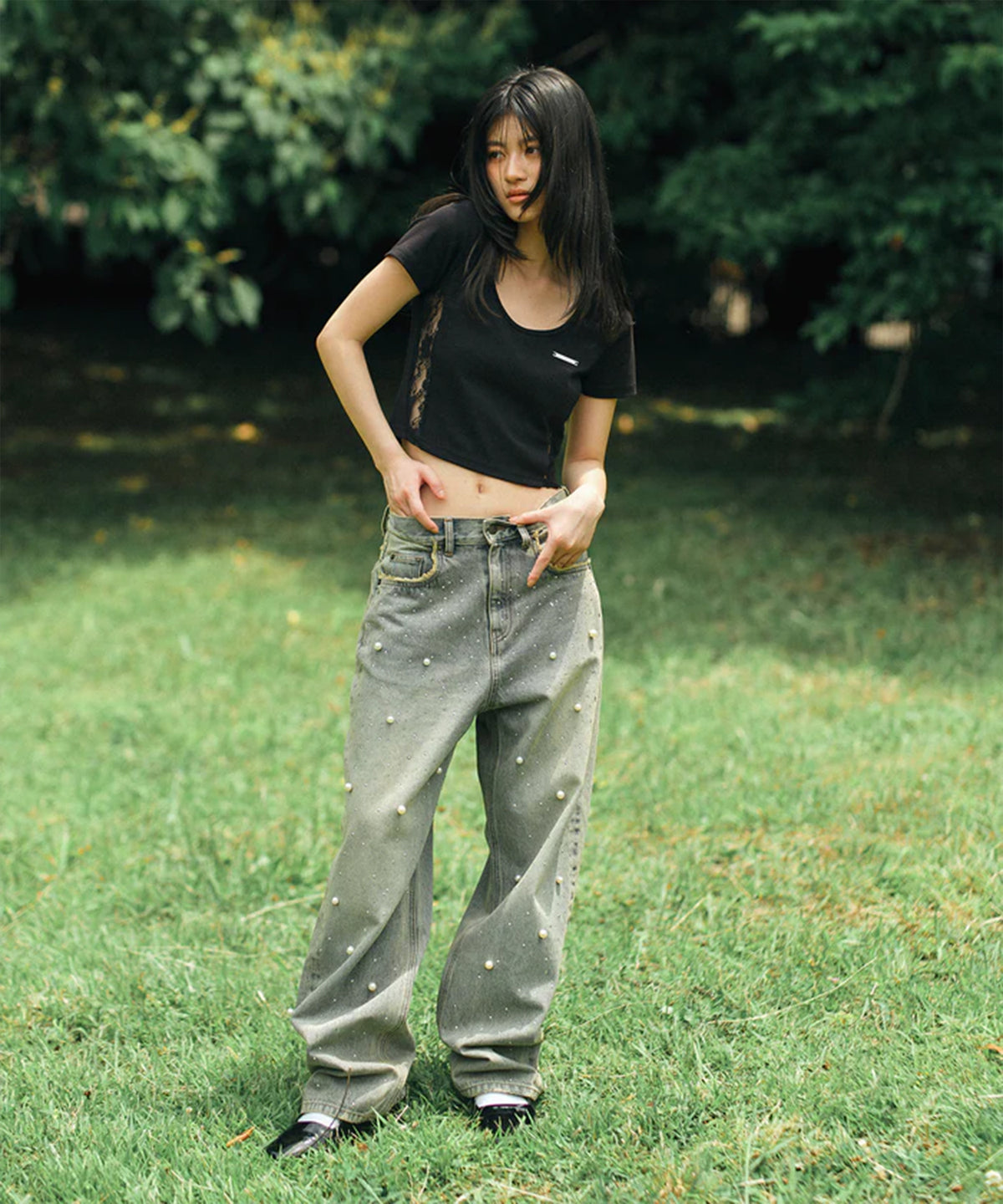 Pearl rhinestone vintage jeans｜ACLENT（アクレント）
