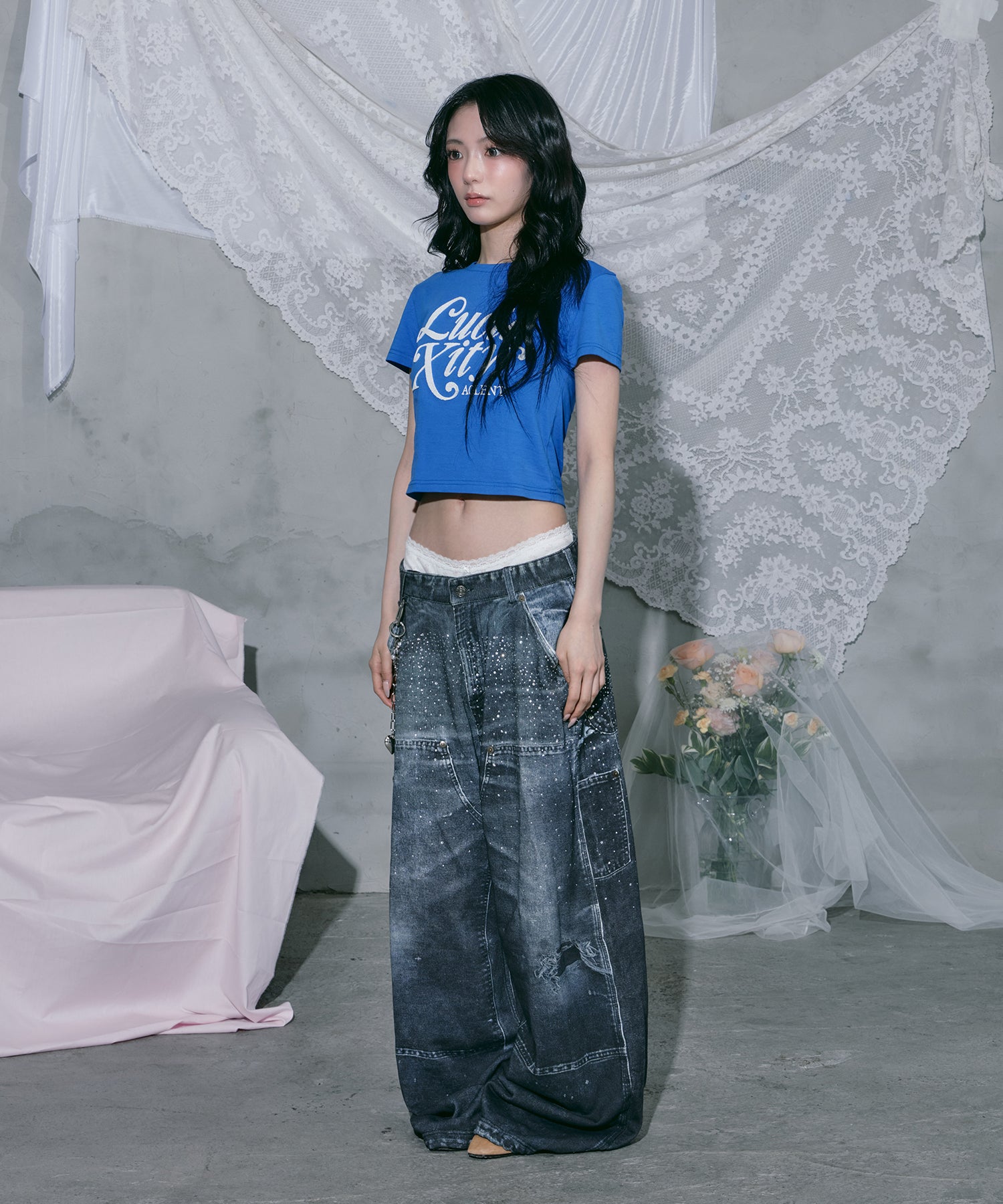 Printed Sweatpants – Double Knee Denim Rhinestone