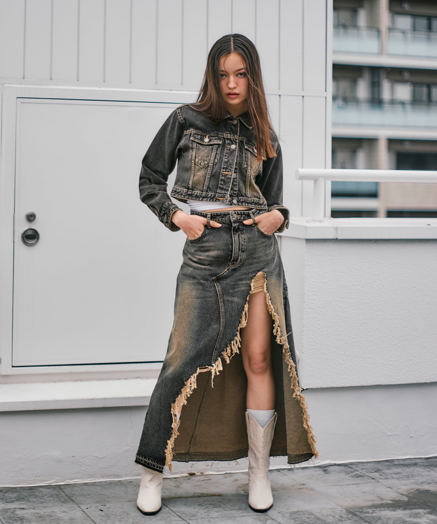 ロングスカートaclent Vintage damage denim long skirt