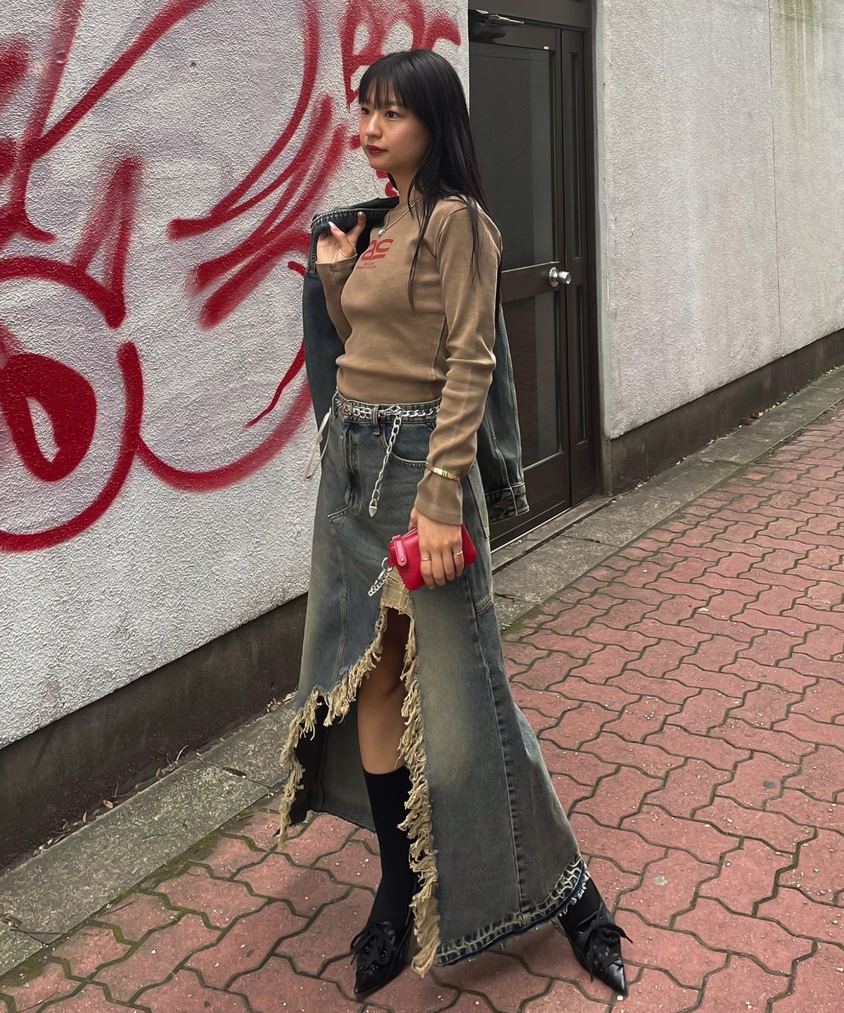 7,200円アクレント　Vintage damage denim long skirt